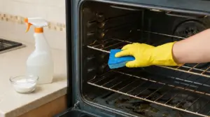Mano con guanto giallo pulisce le griglie del forno incrostato con una spugna blu, vicino a spray detergente e bicarbonato
