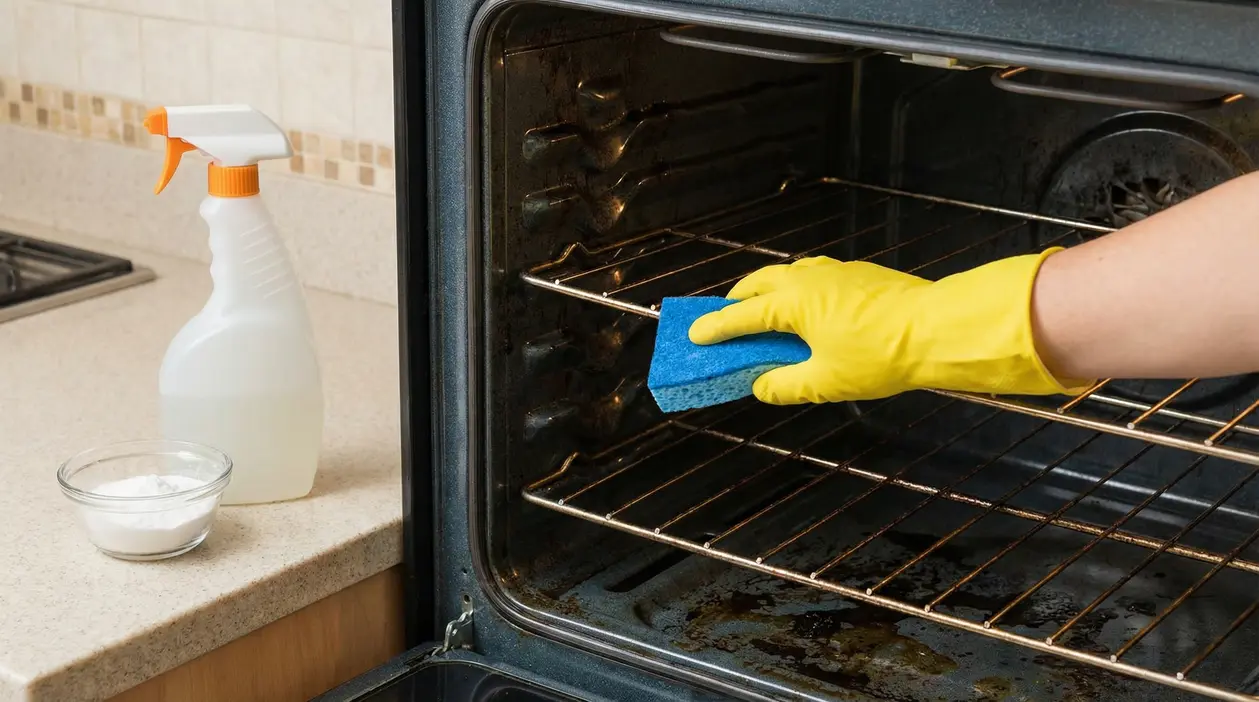 Mano con guanto giallo pulisce le griglie del forno incrostato con una spugna blu, vicino a spray detergente e bicarbonato