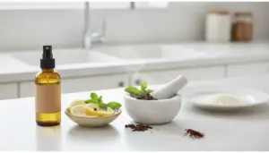 Spray naturale con limone, menta e chiodi di garofano su piano cucina, con scarafaggio in primo piano