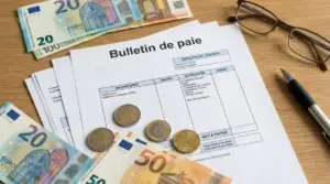 Busta paga francese su scrivania con banconote e monete in euro, penna e occhiali
