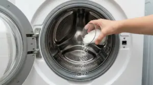 Una mano versa sale grosso nel cestello di una lavatrice a carica frontale aperta