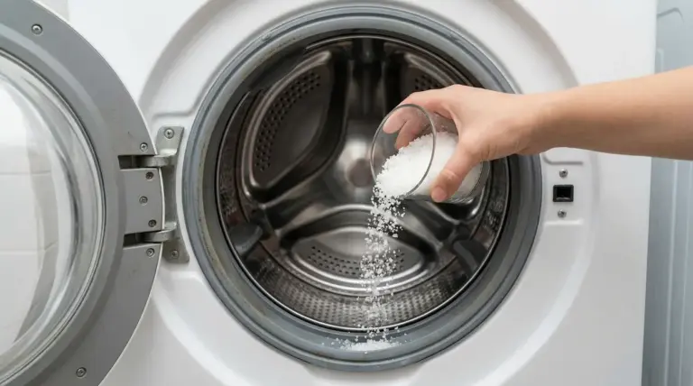 Una mano versa sale grosso nel cestello di una lavatrice a carica frontale aperta