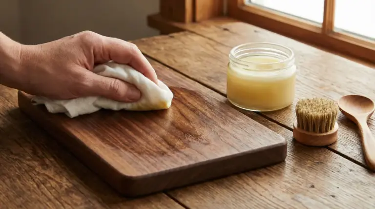 Mano che applica un prodotto naturale su un tagliere di legno con panno, accanto a barattolo e spazzola
