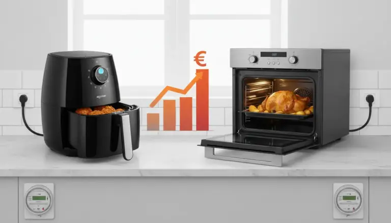 Friggitrice ad aria e forno elettrico su un piano cucina, con grafico dei costi e simbolo euro tra i due