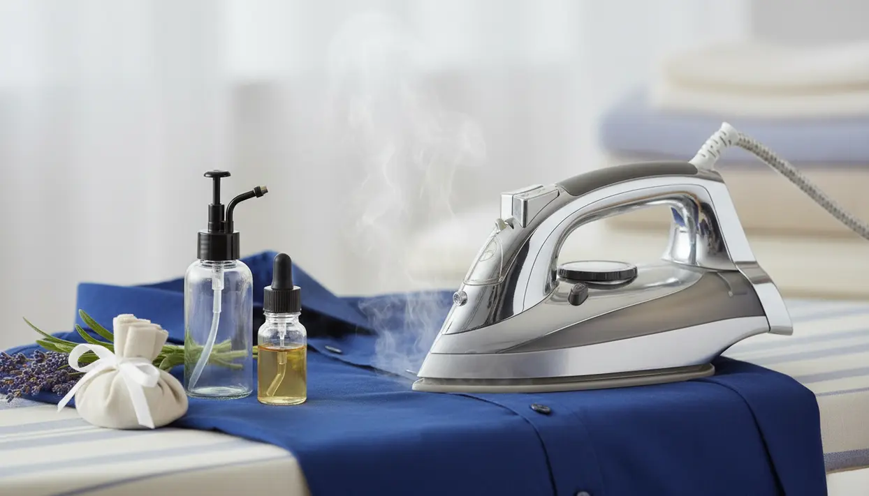 Ferro da stiro a vapore su camicia blu con flaconi profumati e sacchetto di lavanda per profumare i vestiti