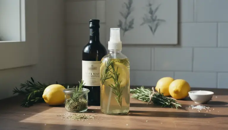 Spray deodorante fai da te con aceto, rosmarino e limone su un piano cucina, per profumare ed eliminare cattivi odori