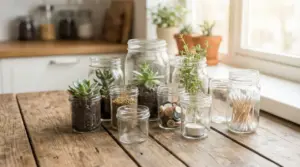 Vasetti di vetro riutilizzati su un tavolo: mini piante, spezie, bottoni, candela e cotton fioc in cucina luminosa